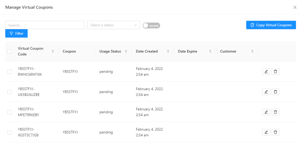 Manage virtual coupons 