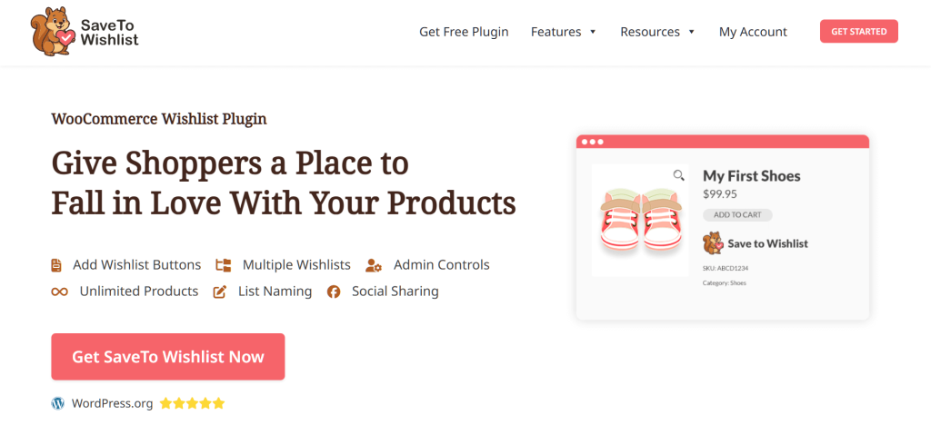 Website hero for SaveTo Wishlist plugin showing playful squirrel logo, headline encouraging shoppers, product mockup of shoes, and prominent call-to-action button.
