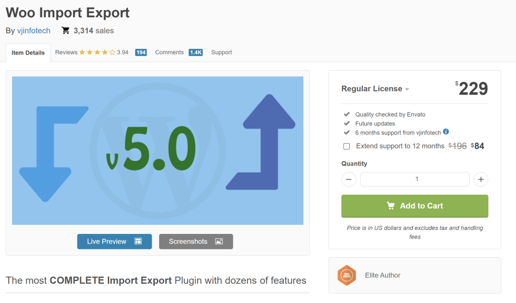 Woo Import Export plugin listing on CodeCanyon