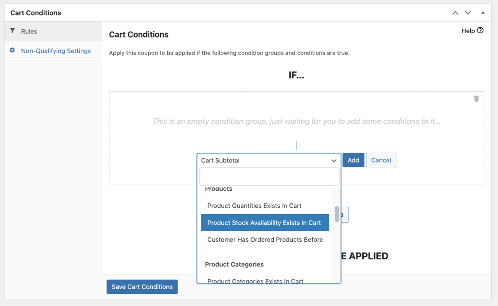 Advanced Coupons' Cart Conditions feature 