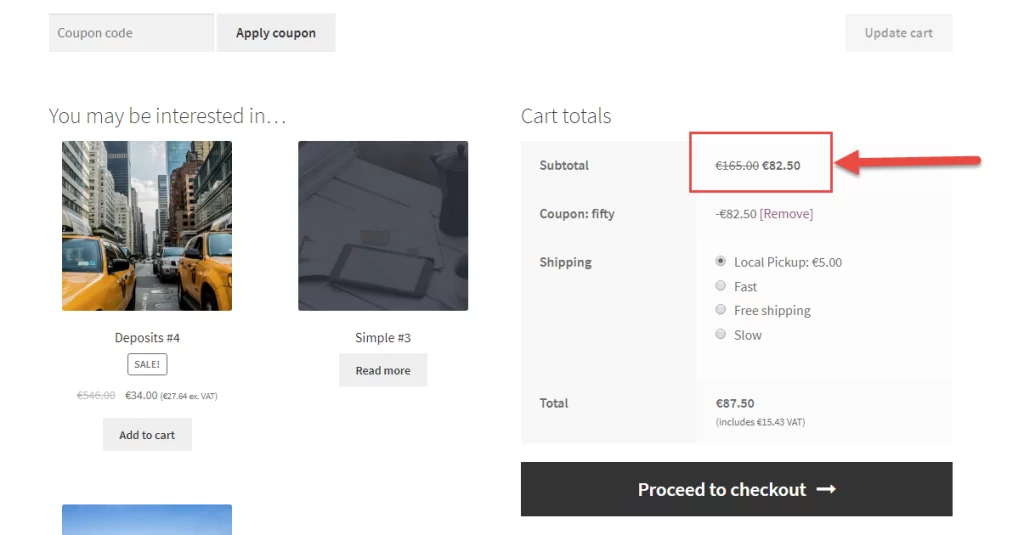 WooCommerce cart subtotal example 