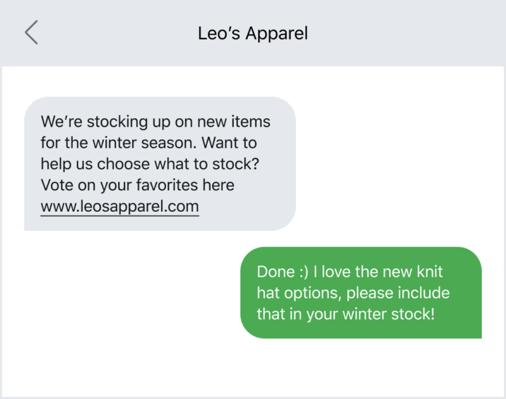 Text message coupon example from Leo's Apparel