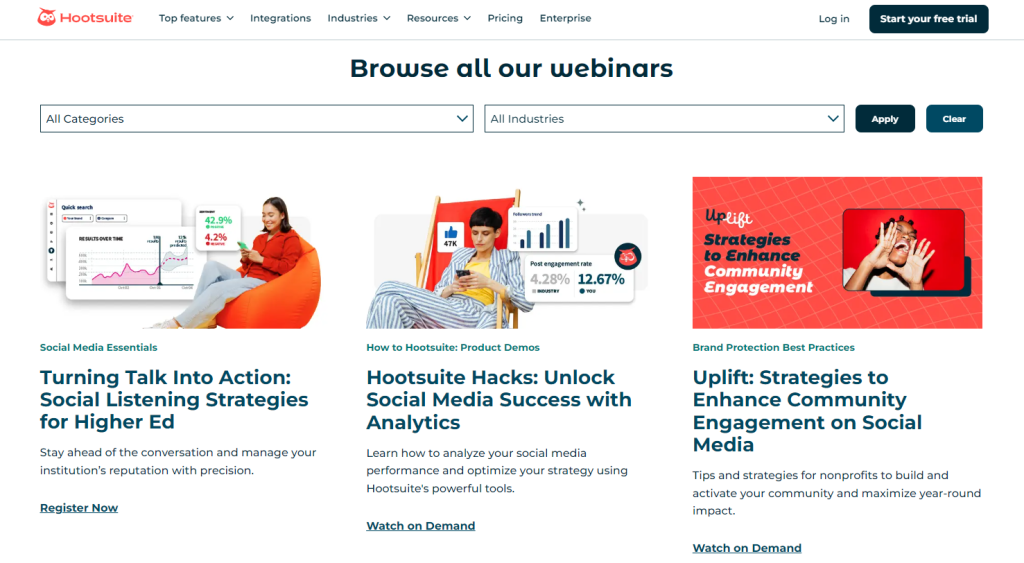 Webinars on Hootsuite's official website