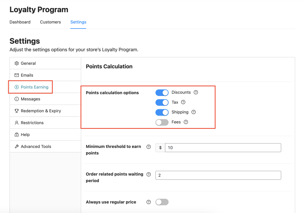 Points Calculation settings 