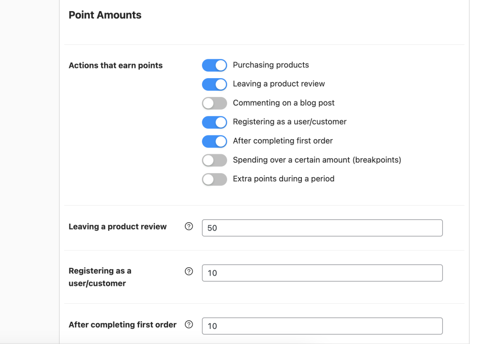 Specify actions that earn points 