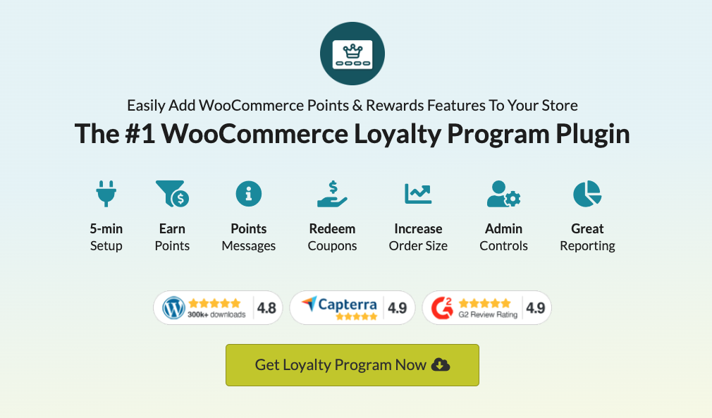 WooCommerce Loyalty Program Plugin, showcasing features like 5-min setup, admin dashboard and more