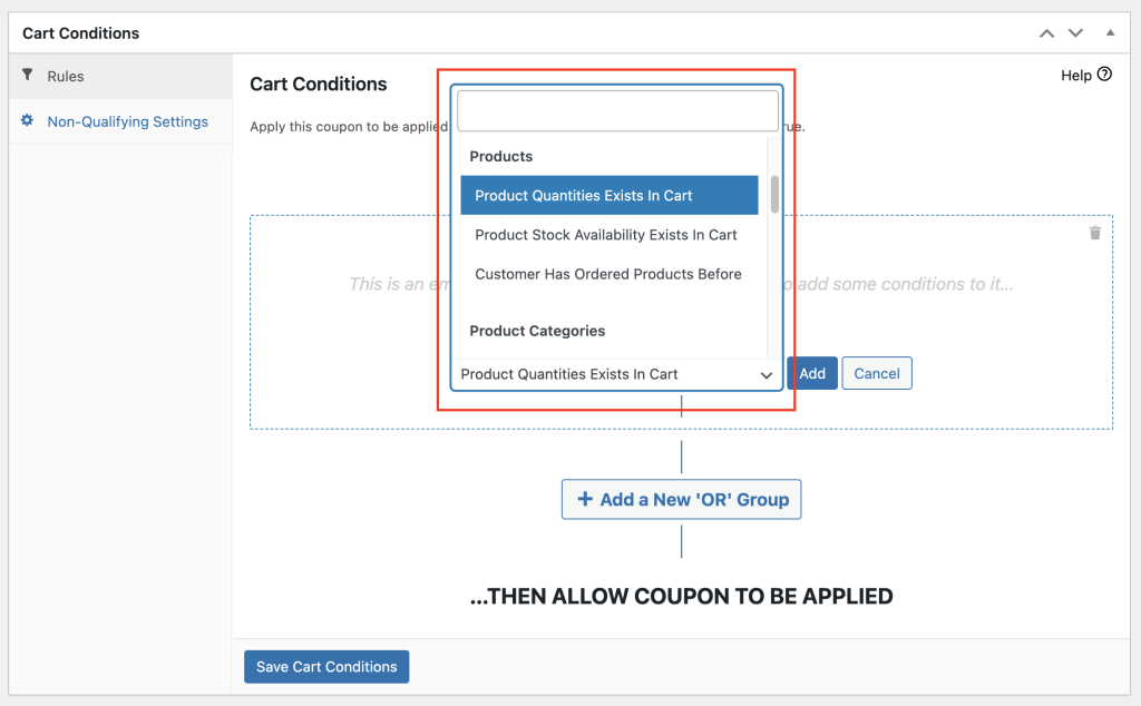 Setting cart conditions using Advanced Coupons