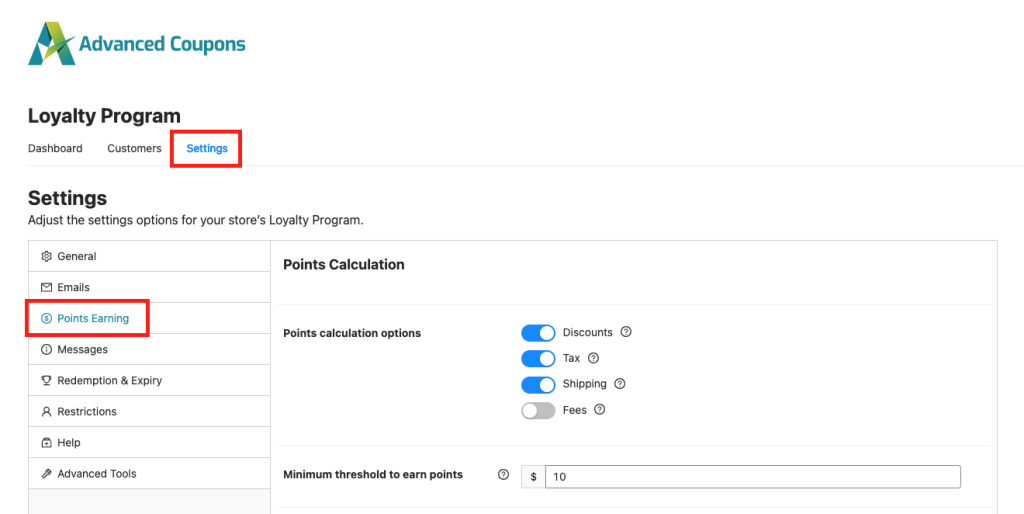 Points earning section