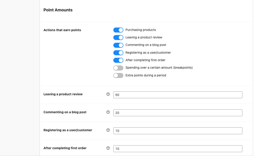 Points amounts section