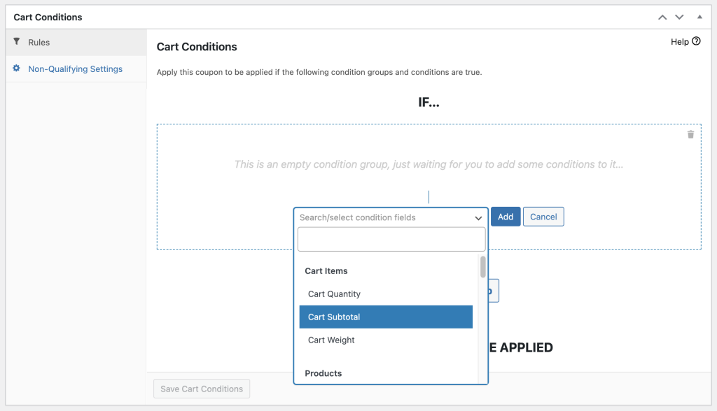 Advanced Coupons' cart condition feature