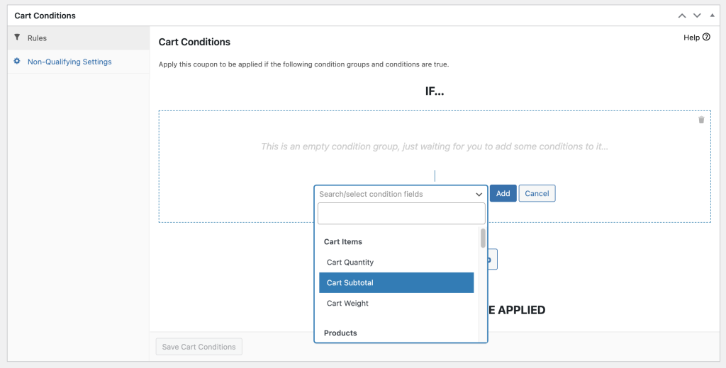 Cart condition feature in Advanced Coupons 