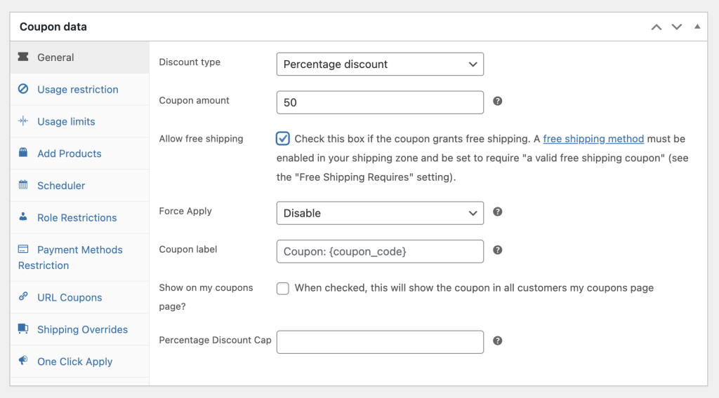 Set up Coupon Data to specify your WooCommerce discount. 