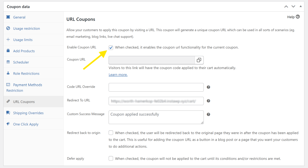 URL-coupons - Advanced Coupons Advanced Coupons settings with “Enable Coupon URL” checked to create a link for automatic coupon application
