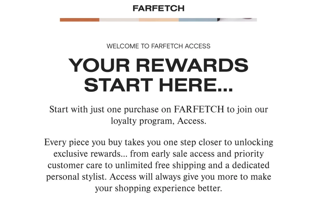 Promotional banner from FARFETCH welcoming users to their loyalty program, Access.