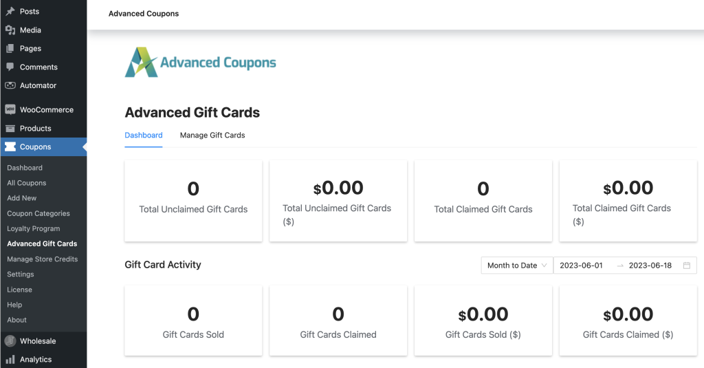 Advanced Gift Cards dashboard preview 