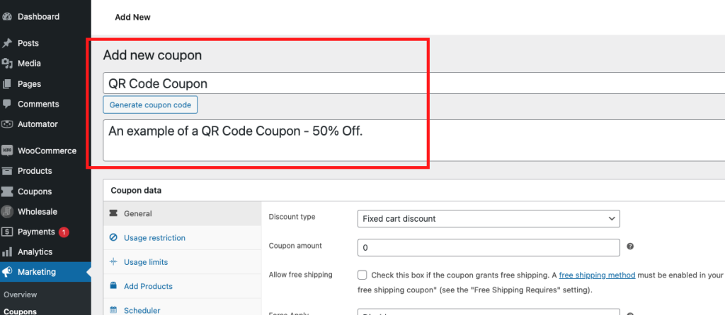 Create a coupon code and add a description