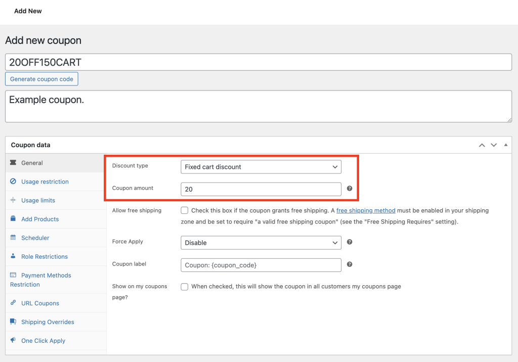 WooCommerce coupon creation screen showing settings for a fixed cart discount of .