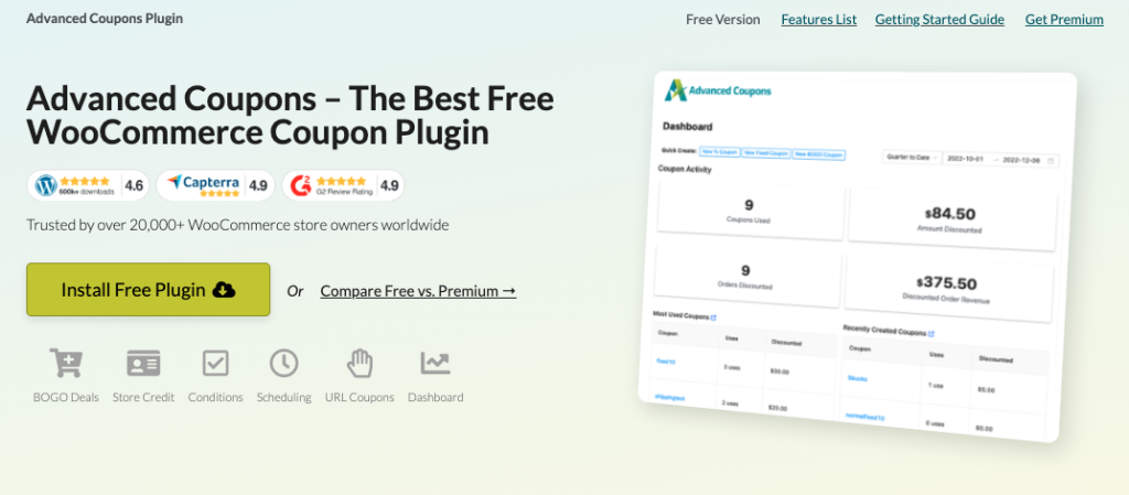 Advanced Coupons as the best free WooCommerce coupon plugin with features like BOGO deals, store credit, conditions, scheduling, and URL coupons.