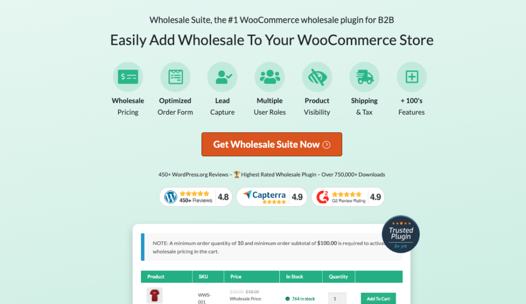 Promotional banner for Wholesale Suite, highlighting features like wholesale pricing, optimized order form, lead capture, multiple user roles, product visibility, and shipping & tax.