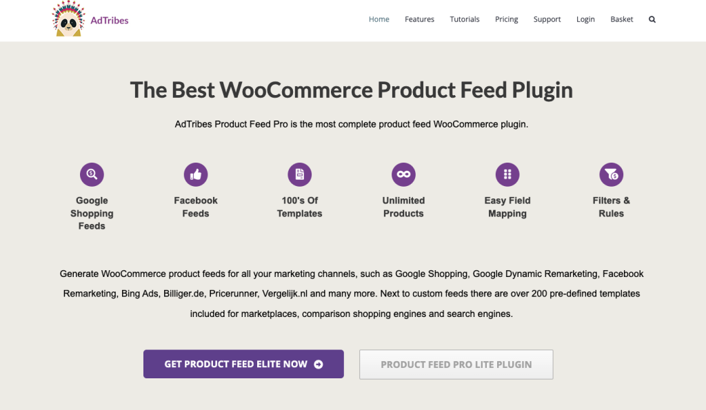 Promotional banner for AdTribes Product Feed Pro, highlighting features like Google Shopping feeds, Facebook feeds, hundreds of templates, unlimited products, easy field mapping, and filters & rules.