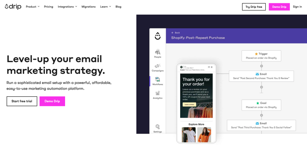 Homepage of Drip, an email marketing automation platform.