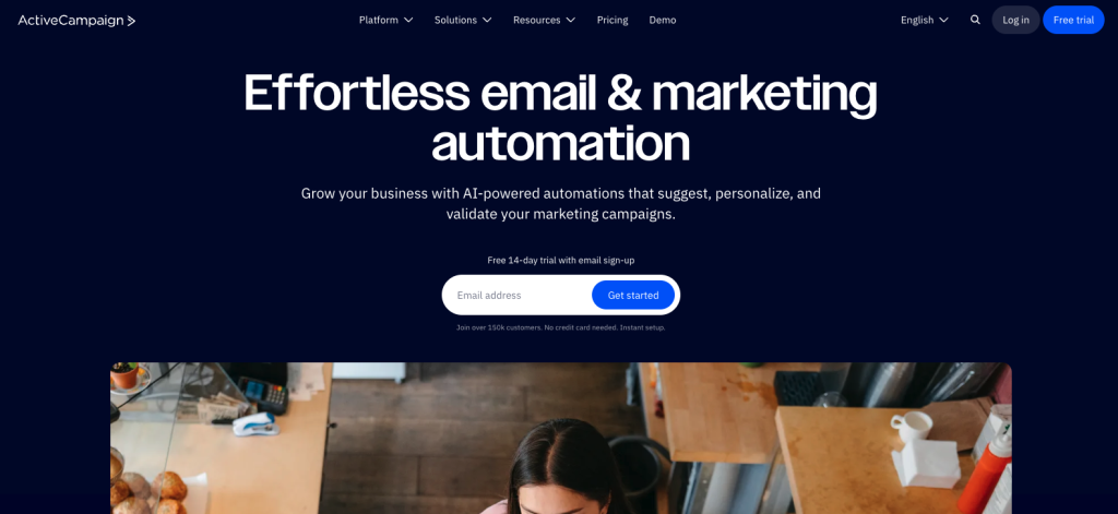 Homepage for ActiveCampaign, which offers email and marketing automation services.