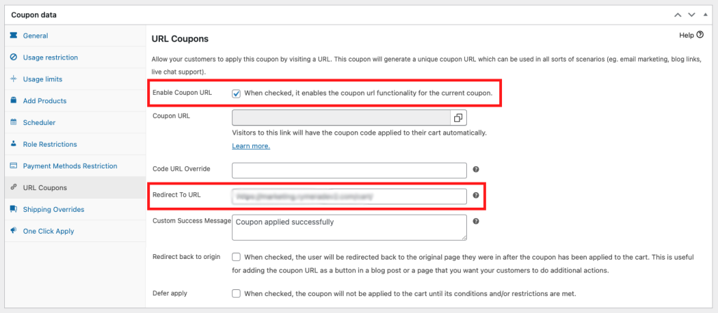Enabling the coupon URL in Advanced Coupons