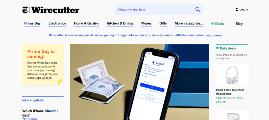 
Webpage screenshot of Wirecutter featuring sections for Prime Day, Electronics, Home & Garden, Kitchen & Dining, Money, Gifts, Deals, and Blog. 