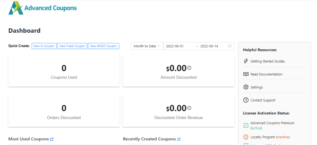 Advanced Coupons' coupon dashboard