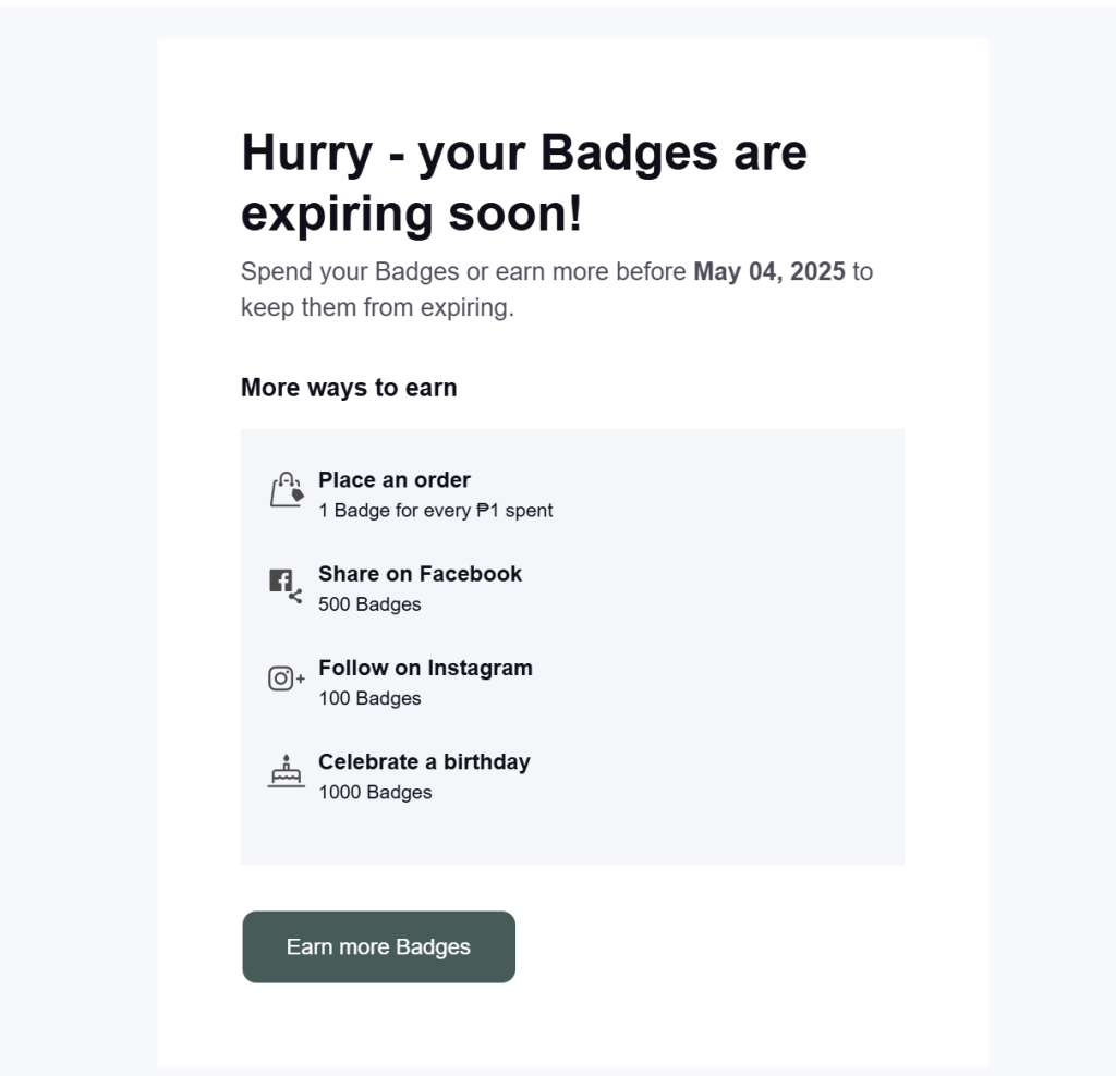 email-for-badges - Advanced Coupons Example of an email from Beyond the Box encouraging customers to earn loyalty badges by completing post-purchase tasks