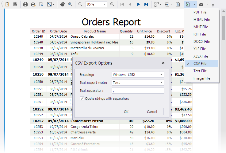 Exported order information