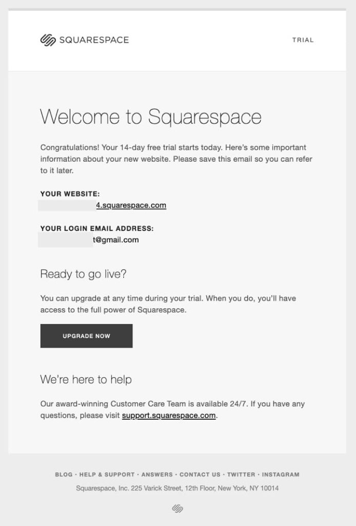 Squarespaces' onboarding email example