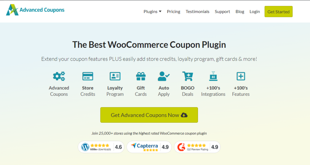 Advanced Coupons landing page, showcasing features like store credits, gift cards, BOGO deals and more. 