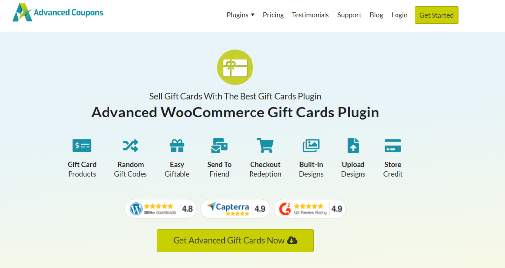 Advanced Gift Cards landing page, showcasing core features like gift card creation, checkout redemption, built-in designs and more. 