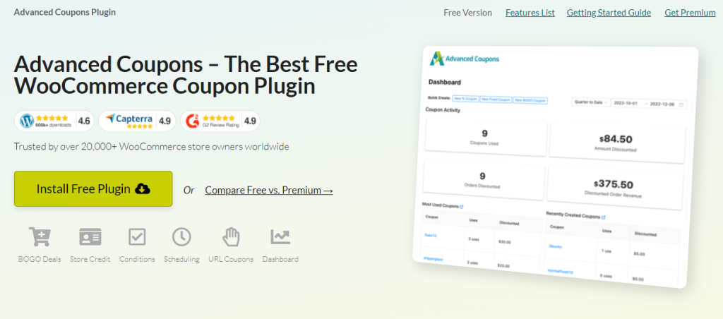 Advanced Coupons Free plugin landing page, showcasing features like BOGO deals, store credits, URL coupons and so much more. 