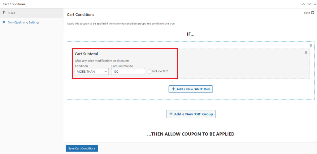 Screenshot of the Cart Subtotal cart condition options in Advanced Coupons. 