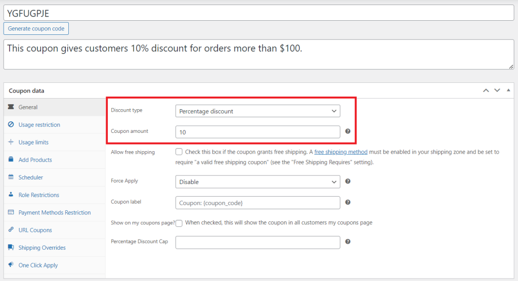 Screenshot of the coupon creation screen in WooCommerce, where a percentage discount of 10% is given to customers. 