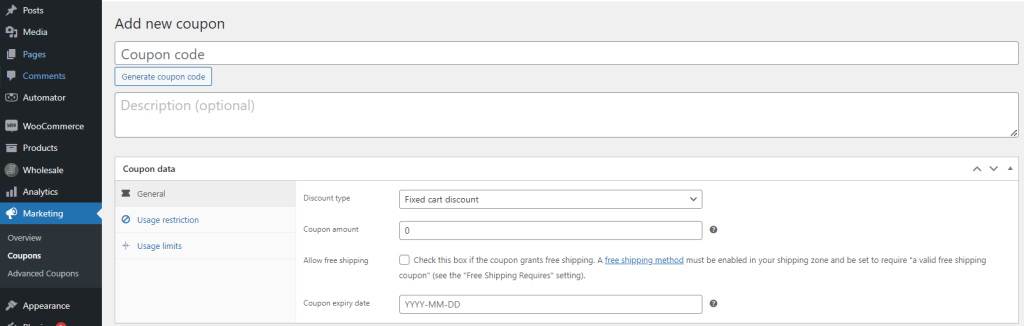 Screenshot of the default WooCommerce coupon setup options 