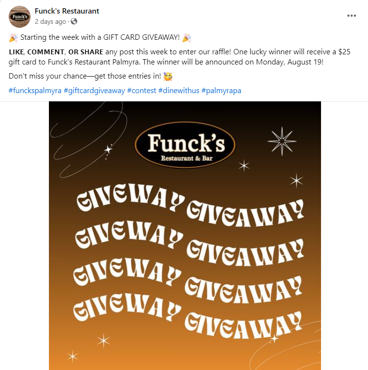 Facebook post promoting a gift card giveaway, one of the most effective gift card promotion ideas 