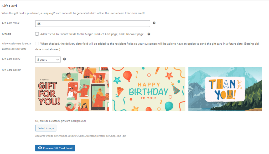 Gift card settings page in WooCommerce 