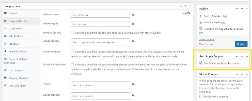 Usage restrictions tab in WooCommerce and the auto apply coupon functionality in Advanced Coupons. 