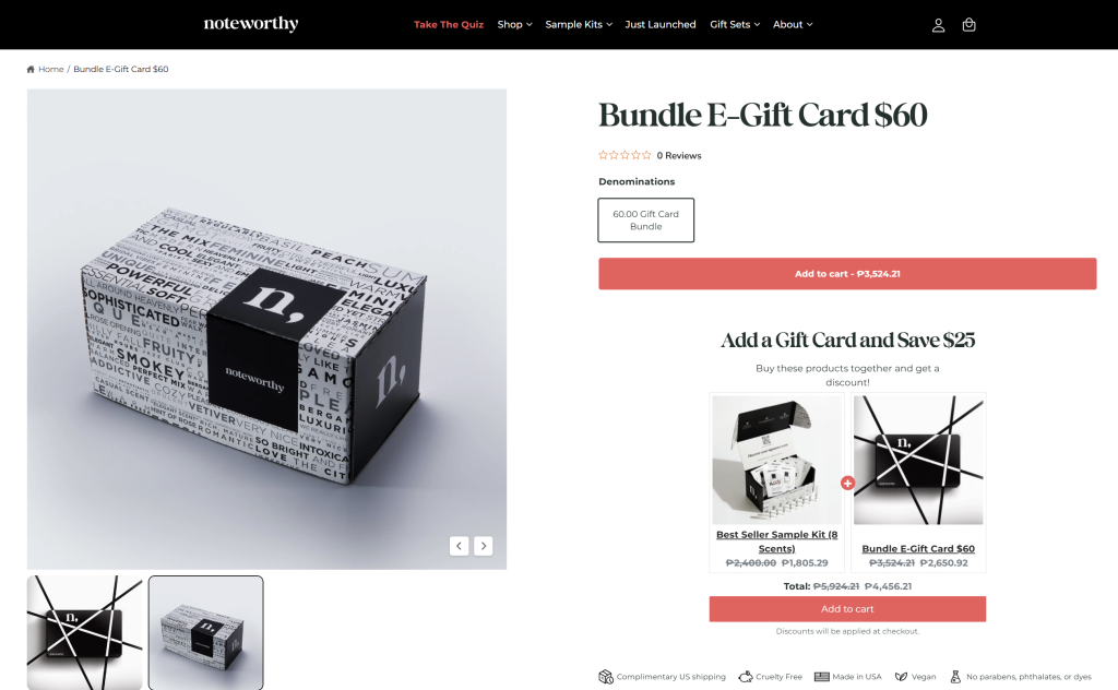 Noteworthy product page showcasing a gift bundle that includes a gift card 