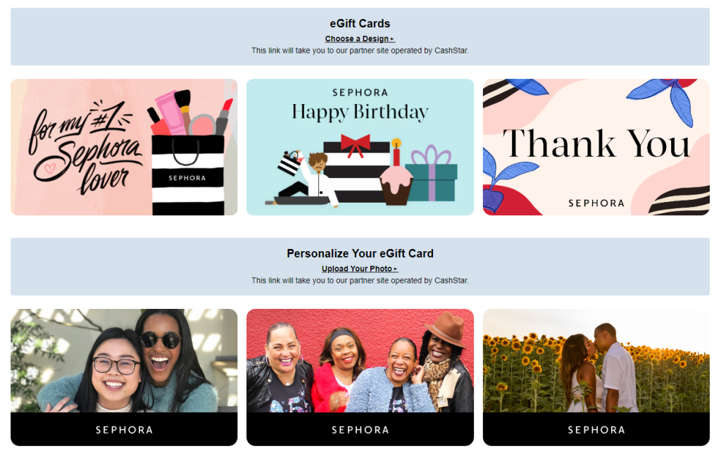 Screenshot of Sephora's customizabloe e-gift cards for shoppers. 