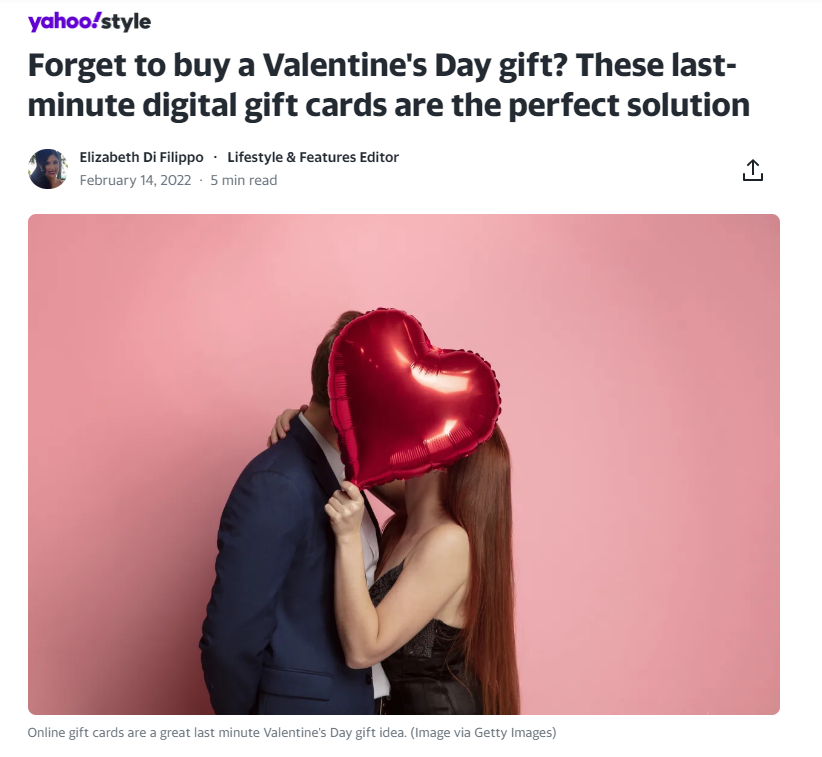 Yahoo! Valentines Day gifting guide promoting gift cards 