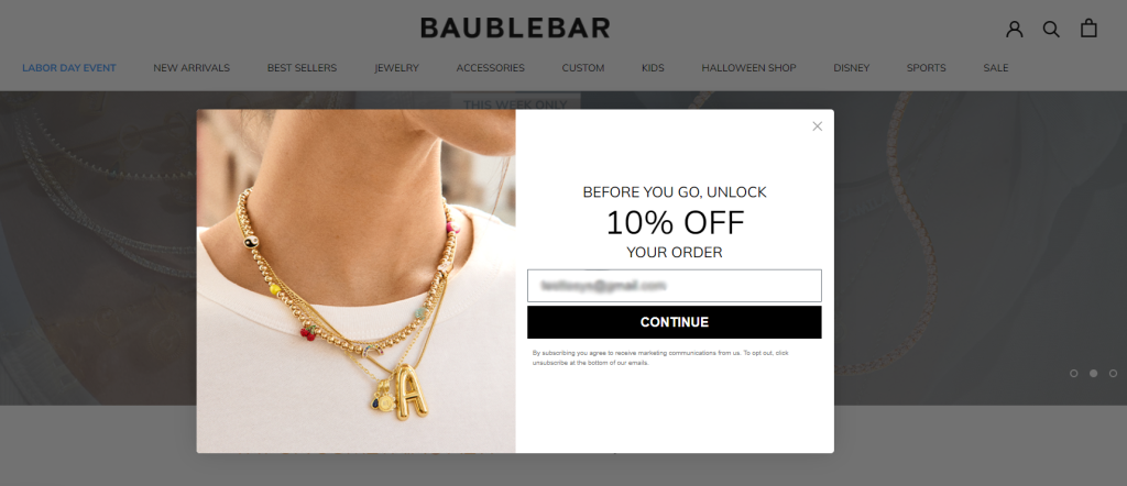 Screenshot an exit intent pop up from the website baublebar