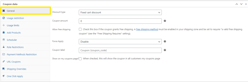 General tab when creating a new coupon in WooCommerce. 