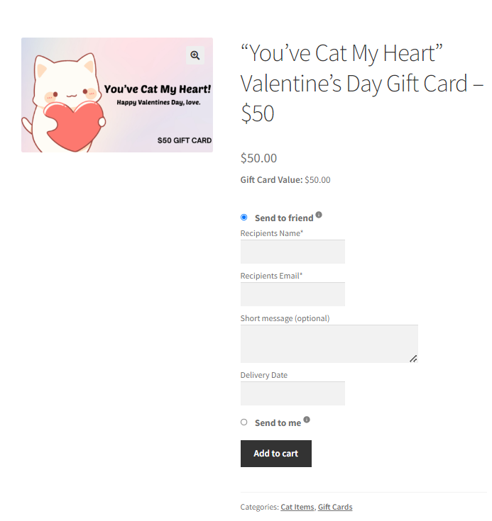 Sample "You've Cat My Heart" Valentines Day Gift Card on a WooCommerce Store 