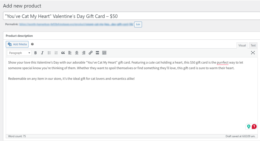 Product Name and Product Description Settings in WooCommerce, featuring a cat gift card product. 