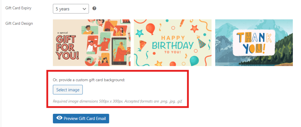 Gift card settings page in WooCommerce. 