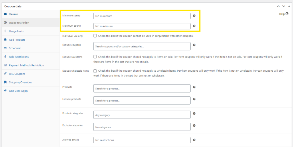 Usage Restrictions tab when creating a new coupon in WooCommerce. 